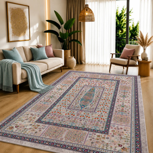 فرش ماشینی طرح درخت زندگی کرم کد (0223B)، ۱0۰۰ شانه تراکم 1200