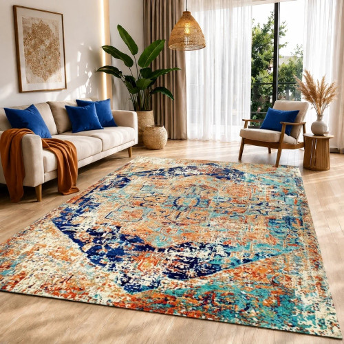 فرش ماشینی طرح وینتیج کرم سرمهای کد ۰209، ۱0۰۰ شانه تراکم 1200