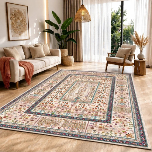 فرش ماشینی طرح درخت زندگی کرم کد (0224C)، ۱0۰۰ شانه تراکم 1200